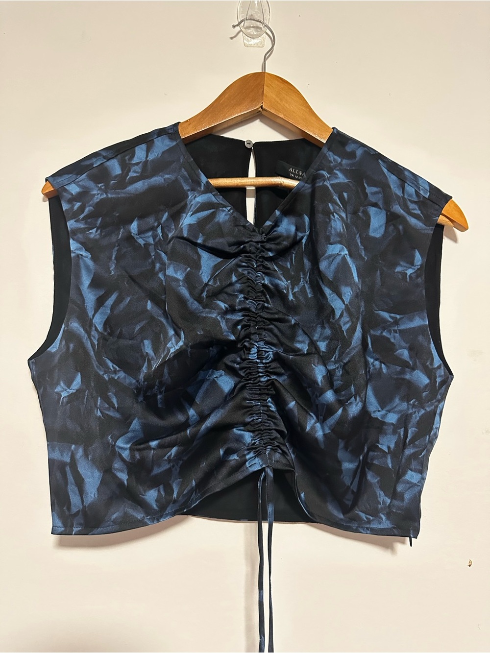 AllSaints Blue and Black Ruched Front Crop Top